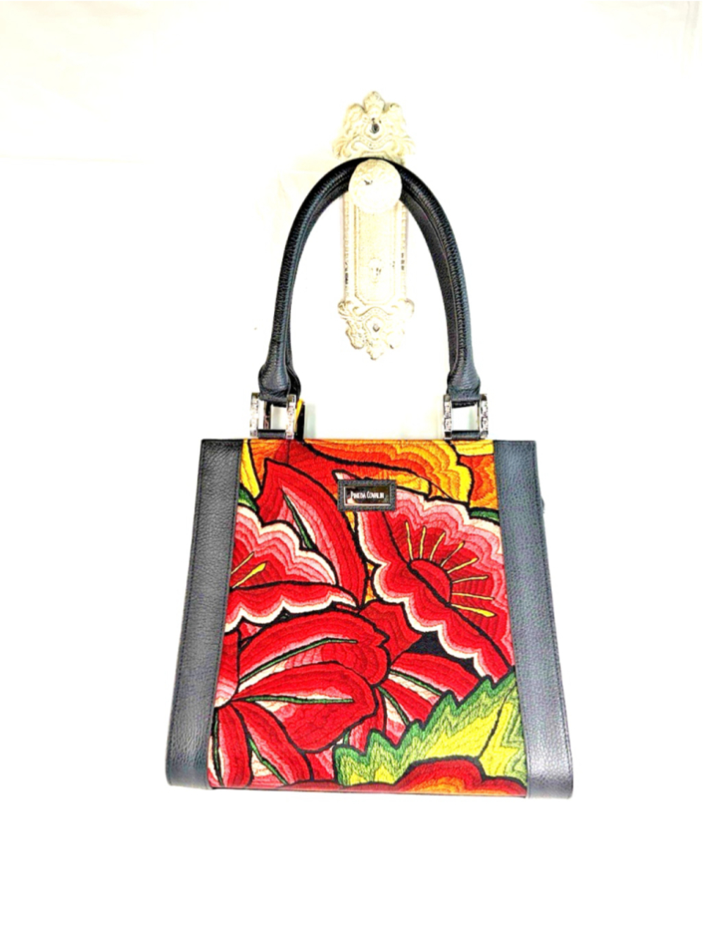 Pineda Covalin Leather Hand Bag Yaab Silk Embroidered Purse New